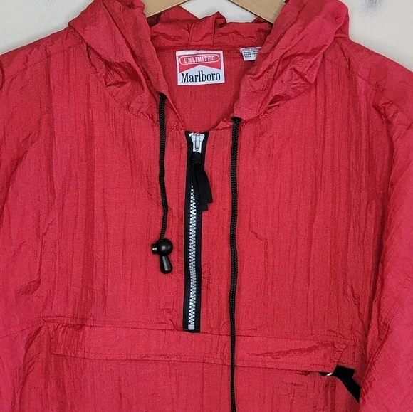90s Vintage Marlboro | Red Windbreaker Pullover Nylon Jacket Collapses into Bag - Picture 3 of 11